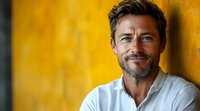 Confident mature Caucasian man with gray beard wearing white shirt smiling against vibrant yellow wall background, displaying genuine happiness and success.