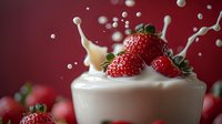 Fresh ripe strawberries splashing in creamy white yogurt or milk against dark red background, dynamic food photography with drops and splashes.