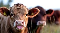Young brown calf sticking tongue out in playful expression with blurred cattle herd in background, close-up portrait showing curious and adorable farm animal behavior.