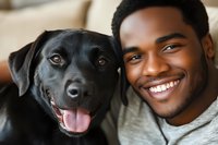 Young African American man smiling with black Labrador retriever dog in close-up portrait showing happiness, friendship and pet companionship. Lifestyle photo for pet care.