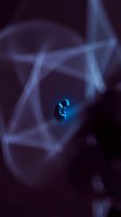 Glowing bioluminescent organism suspended in dark water with ethereal blue light trails and abstract geometric patterns surrounding it for marine science and nature backgrounds.