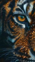 Extreme close-up of a tiger's amber eye and facial fur detail showing intricate patterns of orange, black and white stripes in dramatic lighting for wildlife photography.