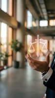Close-up of male professional hand holding glowing scales of justice symbol in modern office lobby, representing legal services, law firm expertise, fairness and compliance.