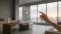 Business professional interacting with holographic weather forecast display in modern office with city skyline view at sunset.