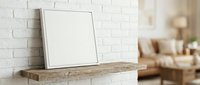 Blank white canvas frame mockup on wooden shelf against brick wall in modern living room interior for artwork display and home decor presentation.