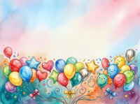 Colorful balloons and stars float across watercolor gradient background in soft pastel tones, ideal for celebrations, invitations, and festive designs.