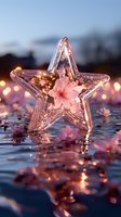 Glass star decoration with pink cherry blossom inside, illuminated by warm fairy lights, reflecting in water with floating petals and bokeh effects.