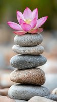 Pink lotus flower atop balanced stack of smooth zen stones against soft blurred background, creating peaceful spa and meditation atmosphere.