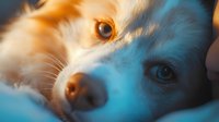 Close up portrait of white dog face with expressive eyes in contrasting warm and cool lighting, creating dramatic mood and emotional connection.