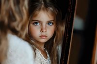 Young girl with striking blue eyes and long brown hair wearing white lace dress gazes intensely at camera in moody atmospheric portrait with soft natural lighting.