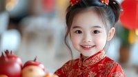 Young Asian girl wearing traditional red qipao dress with floral embroidery and hair ornaments smiles brightly against blurred festive background with lanterns and pomegranates.