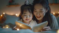 Asian mother and daughter sharing precious bonding moment reading bedtime story together with fairy lights creating cozy atmosphere perfect for family lifestyle content.