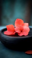 Delicate coral flower petals floating in dark ceramic bowl with water drops against blurred teal background, creating zen spa atmosphere for wellness and relaxation concept.