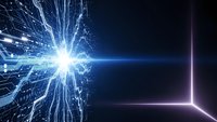 Digital technology burst with bright light rays and circuit patterns on dark blue background for futuristic tech concepts and innovation designs.