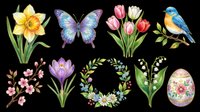 Watercolor spring botanical collection featuring daffodils, butterflies, tulips, songbirds, crocus flowers, cherry blossoms, lily of the valley, floral wreath, and decorated Easter egg. Isolated on transparent background, ready for t-shirts, clipart, stickers, and print-on-demand designs.