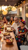 Hispanic grandfather and granddaughter celebrating at outdoor family dinner with string lights and traditional Mexican food on patio table during golden hour.