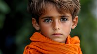 Close up portrait of young boy with intense blue eyes wearing bright orange scarf against blurred green background, natural lighting enhances dramatic mood.