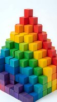 Colorful wooden building blocks stacked in a rainbow pyramid shape, isolated on white background for educational toy and child development concepts.