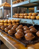 Fresh chocolate cupcakes with sprinkles cooling on wire racks in bakery, with rows of vanilla cupcakes on shelves in background, showing commercial baking process.