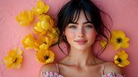 Young Caucasian woman with dark hair and natural makeup smiling while lying on pink background surrounded by yellow tulips, spring fashion portrait with fresh flowers.