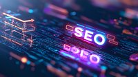 Glowing SEO text on digital matrix background with neon purple and blue lights reflecting on circuit pattern surface, modern technology concept.