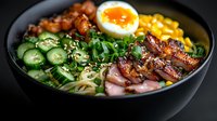 Asian noodle bowl with grilled duck breast, soft boiled egg, cucumber, corn, green onions and sesame seeds served in black ceramic bowl on dark background.