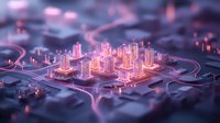 Futuristic glowing cityscape with neon pink illuminated skyscrapers and roads creating circuit-like patterns in miniature tilt-shift style. Modern urban technology concept.