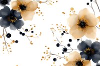 Elegant watercolor floral pattern with peach and navy flowers, golden branches and berries on white background for wedding invitations and stationery design.