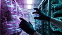 Hands in black gloves interact with holographic digital interface displaying purple and cyan data streams, representing cybersecurity, technology innovation, and futuristic computing solutions.