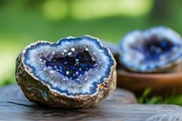 Natural amethyst geode crystal formation with purple druzy interior and rough exterior on wooden surface with blurred green nature background.
