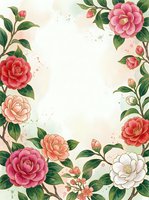 Watercolor camellia floral frame with pink, red, and white blooms on green branches, soft pastel background with copy space for text.