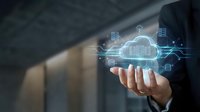 Businessman hand presenting holographic cloud computing network with digital icons for data storage, connectivity and technology solutions.