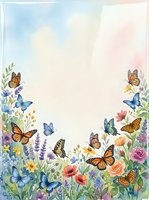 Watercolor spring garden frame with colorful butterflies and wildflowers, soft pastel sky, copy space for text, greeting card or invitation.