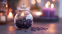 Glass jar filled with purple coffee beans against blurred warm candlelight background creating cozy atmosphere for cafe or restaurant interior design.