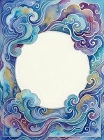 Watercolor frame with swirling blue clouds and waves in Asian style, featuring a round white center for text or design elements.