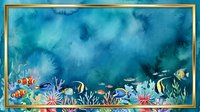 Underwater ocean scene with tropical fish, coral reef and marine life in watercolor style with golden frame for aquarium and sea themed designs.
