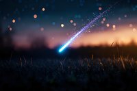 Glowing meteor streak across twilight sky with bokeh lights and silhouetted grass field creating magical atmospheric nature scene at dusk.