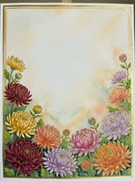 Watercolor chrysanthemum flowers frame with golden border on textured paper background for greeting cards, invitations and autumn decorations.