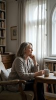 Mature woman with long gray hair sitting by bright window holding mug, contemplative pose in cozy home library with bookshelves and natural light for lifestyle and wellness content.