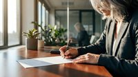 Mature woman with blonde hair, Caucasian ethnicity, wearing business attire, signing documents at wooden desk near window with plants, professional office environment.