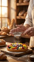 Male baker with light skin tone dusting powdered sugar onto a colorful fruit tart in a warm, sunlit kitchen with fresh bread and baking ingredients visible in background.