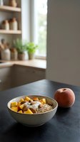 Healthy breakfast bowl with fresh apple, roasted squash, almonds and oats on dark table in modern kitchen with window and shelves.