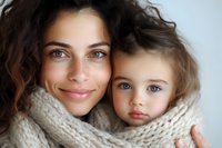 Young Mediterranean mother and adorable toddler daughter wrapped in cozy knit scarf share tender moment. Close up portrait showing genuine connection and warmth.