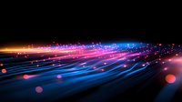 Glowing neon lines and particles flow in perspective on dark background creating futuristic technology landscape with blue and pink light trails.
