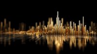 Abstract golden sound wave or city skyline visualization with vertical bars of varying heights against black background, creating futuristic audio spectrum effect.