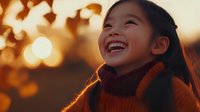 Young Asian girl laughing with pure joy at sunset, wearing brown turtleneck sweater, natural bokeh background creates magical golden hour atmosphere.