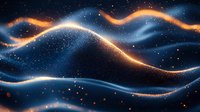 Glowing orange and blue waves flow through starry dark space creating magical abstract background with light particles and cosmic energy streams.