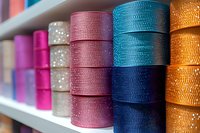 Colorful spools of elastic ribbon arranged on retail shelf display, featuring pink, blue, gold and silver tones with textured surfaces and sparkly details.