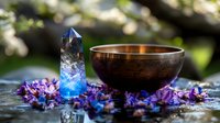 Copper singing bowl with blue glowing crystal point and purple flowers on wet stone surface in garden setting, creating mystical meditation atmosphere.