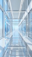 Modern corridor with glass walls and linear ceiling lights creating symmetrical perspective toward bright exit, suitable for corporate, technology, and architectural design projects.